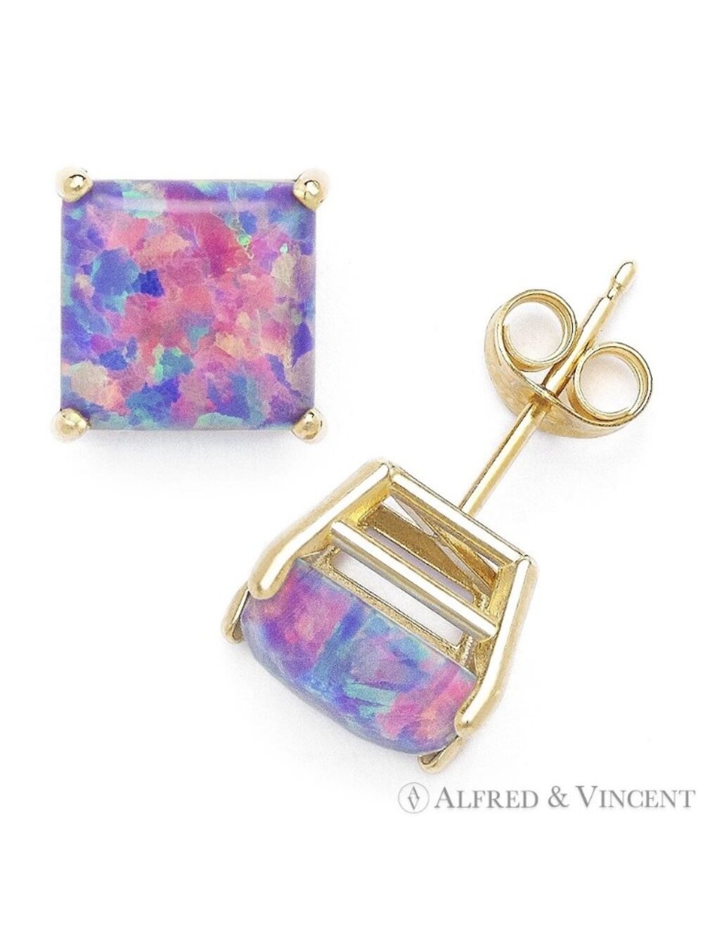 Square Cabochon Lavender Opal Stud Earrings in Solid 14k Yellow Gold